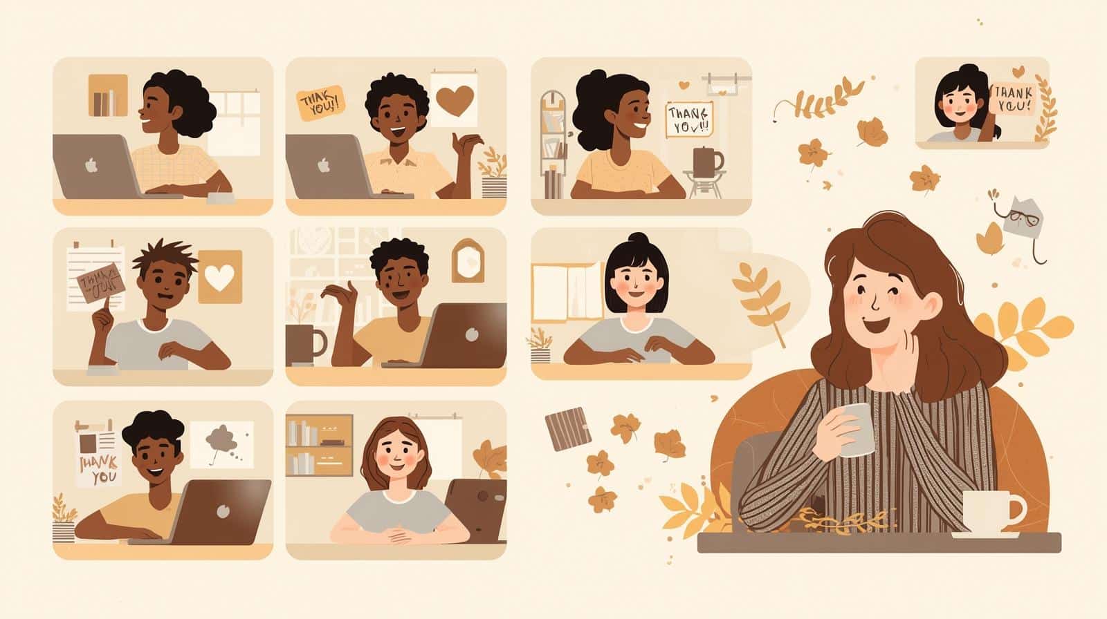Illustrated collage of nine people participating in a virtual meeting, each shown in a separate box using laptops or holding “Thank You” signs. The characters are diverse in appearance and shown smiling warmly. In the lower right, a woman in a striped sweater holds a coffee cup and smiles while surrounded by autumn leaves and cozy tones of beige, brown, and gold, creating a warm, friendly, and grateful atmosphere.