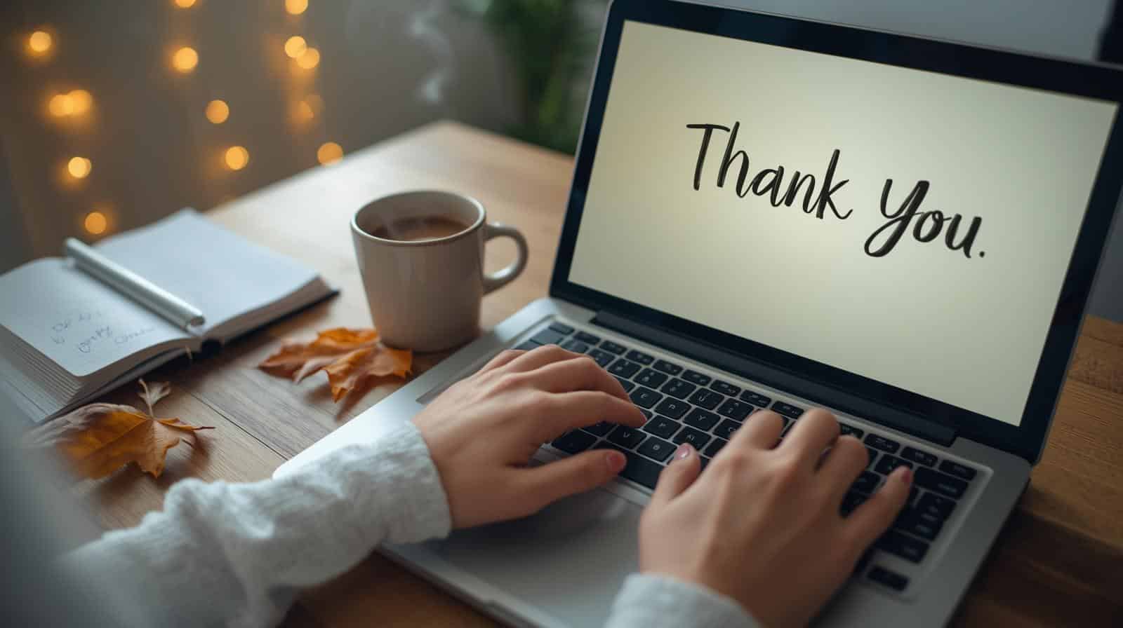 Close-up of a person typing on a laptop with the words “Thank you.” displayed on the screen. A warm cup of coffee, an open notebook, and a few autumn leaves rest on the wooden desk. Soft golden fairy lights glow in the background, creating a cozy, appreciative atmosphere.