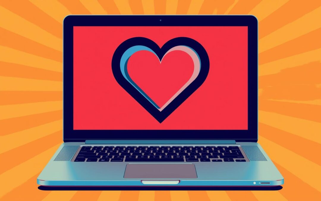A stylized illustration of a laptop with a large heart shape displayed on its screen. The background is orange with radiating yellow lines, creating a warm, uplifting effect. The heart on the screen is blue and pink inside a red field, symbolizing care or connection through technology.