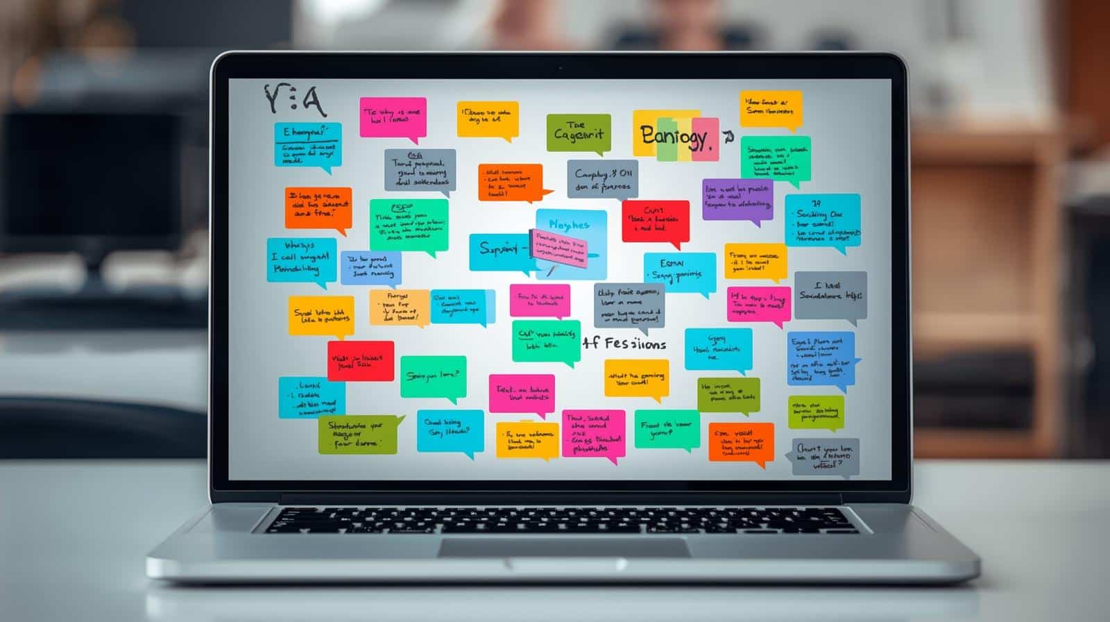 A laptop screen displays a digital whiteboard filled with colorful sticky notes, representing ideas or student feedback in an online learning activity.