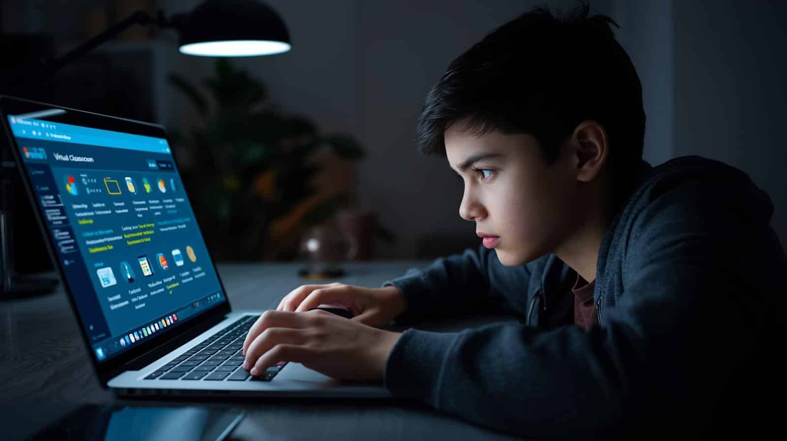 A focused student sits at a desk using a laptop displaying a virtual classroom interface with various educational icons and tools. The room is dimly lit by a desk lamp, highlighting the student’s concentration and the glow of the computer screen. The background includes soft, blurred plants and a cozy study environme