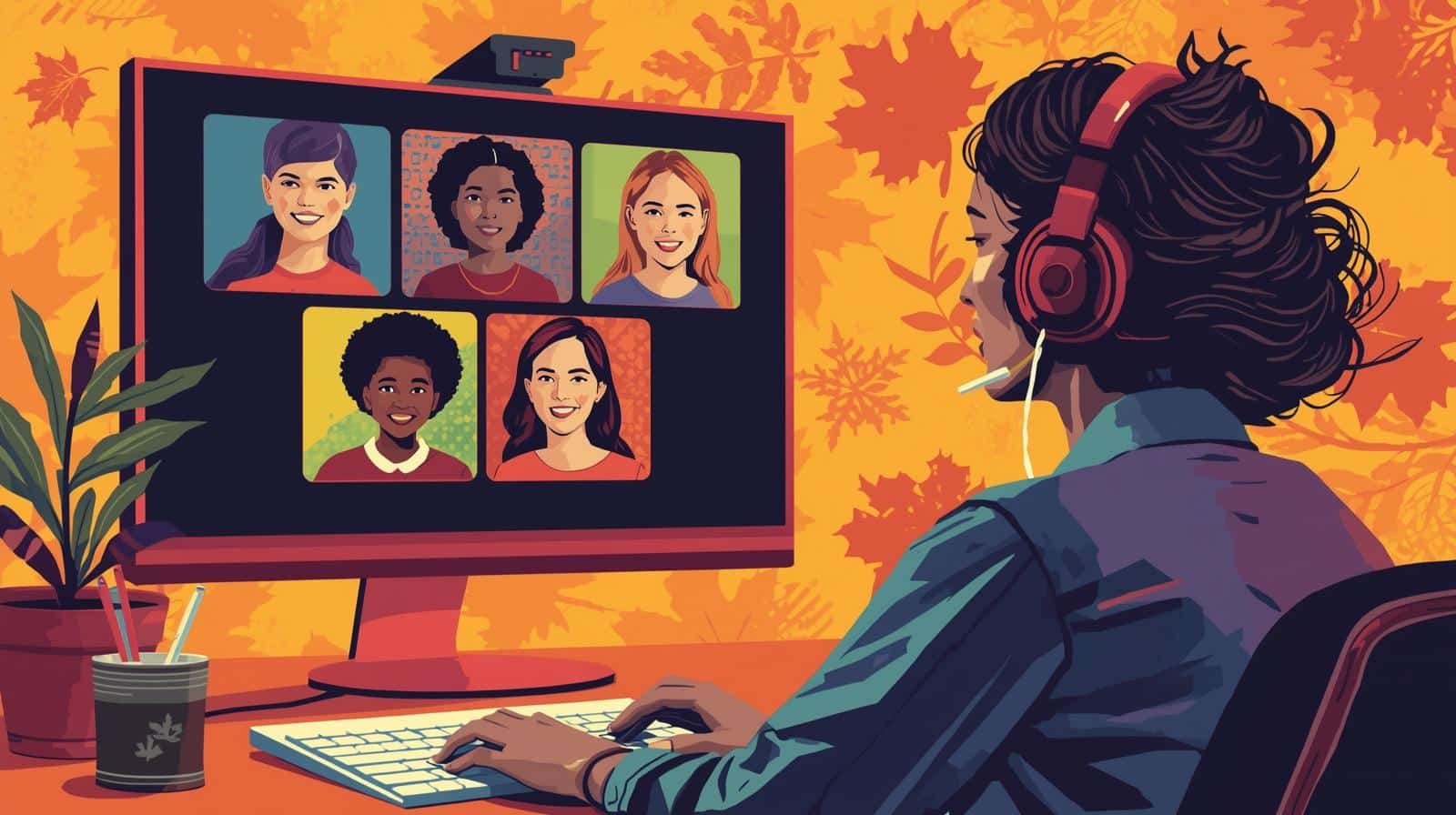 An illustration of a teacher wearing red headphones, sitting at a desk and participating in a video call with five smiling students displayed on a computer screen. The background is bright orange with autumn leaves, and a potted plant sits beside the monitor, creating a warm, welcoming atmosphere for virtual learning.