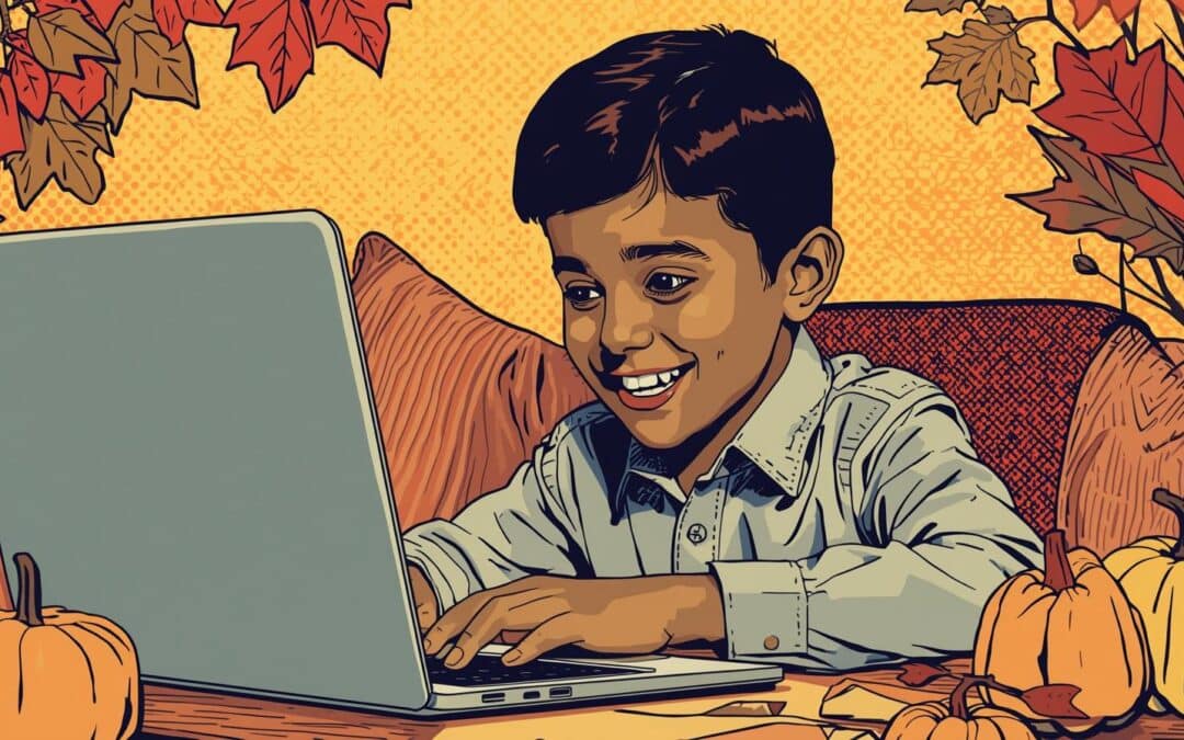 An illustrated young boy smiling as he uses a laptop, surrounded by small pumpkins and autumn leaves. The warm orange and gold tones create a cozy fall atmosphere, emphasizing joy and engagement in online learning.