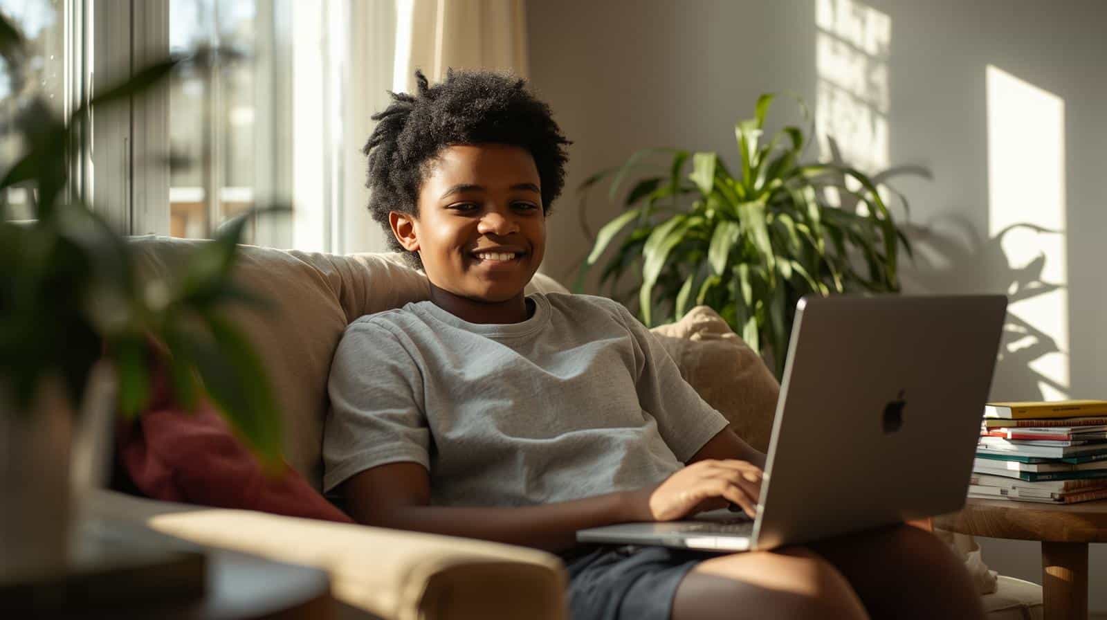 A smiling young person sits comfortably on a beige couch using a laptop. Sunlight streams through large windows, casting a warm glow in the cozy living room. A stack of books and a green houseplant are visible nearby, adding to the relaxed, studious atmosphere.